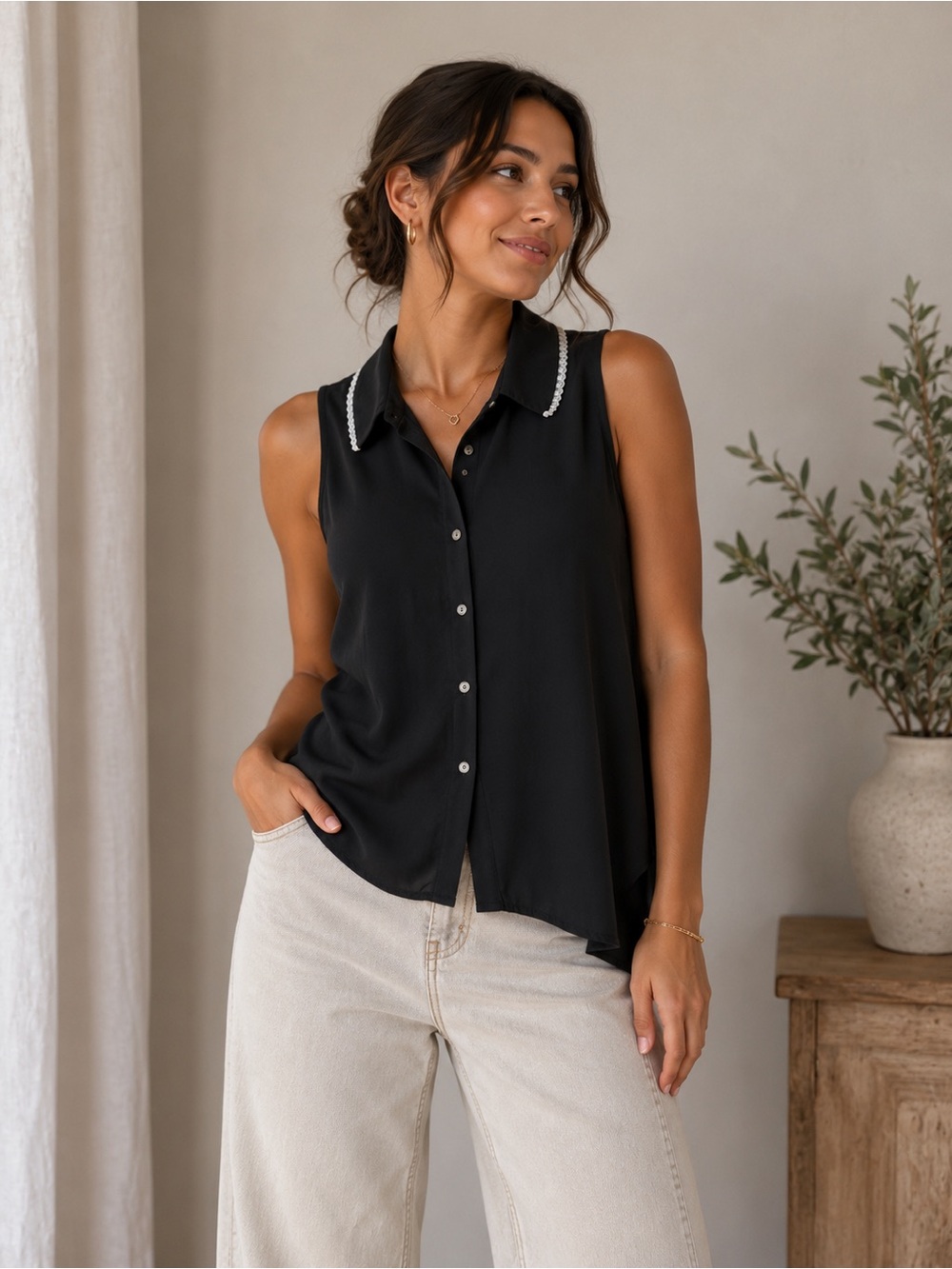 Anthropologie Black Top with Cream Lace, Sleeveless